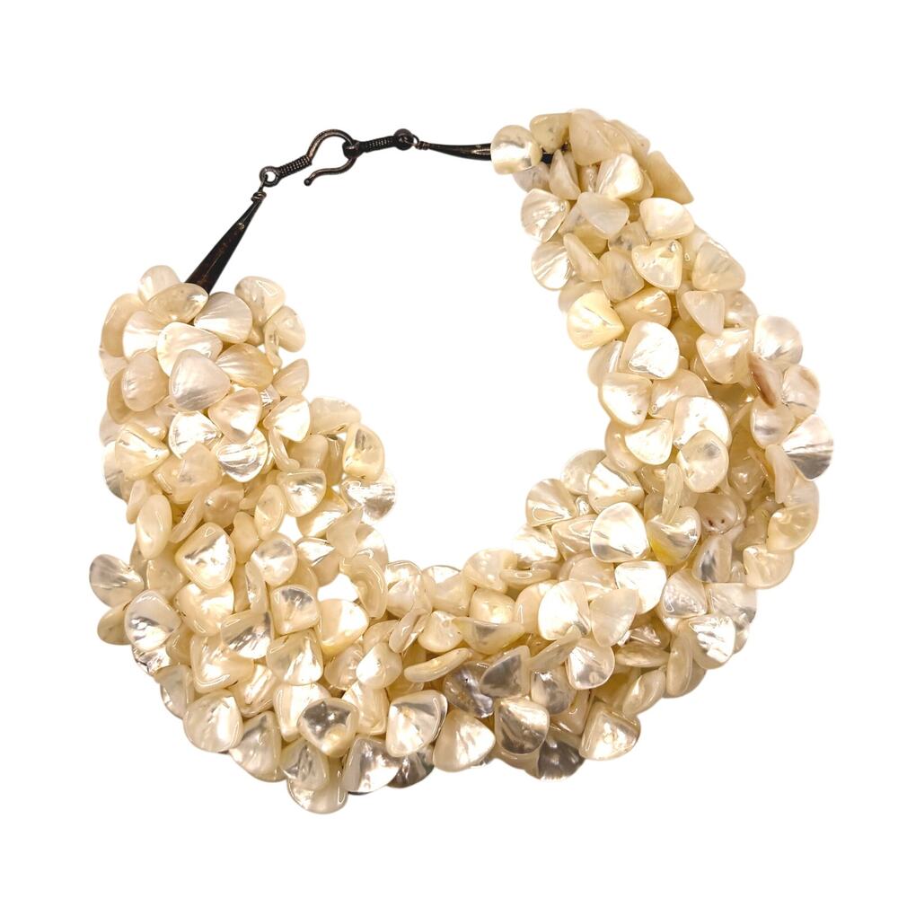 Vintage 90s White Mother of Pearl Multi Strand Statement Necklace